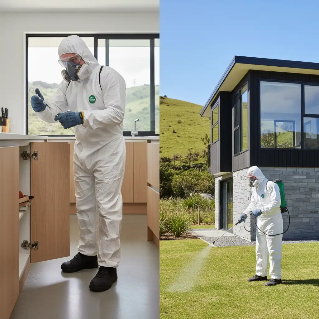 Technician performing interior and exterior ant control treatment