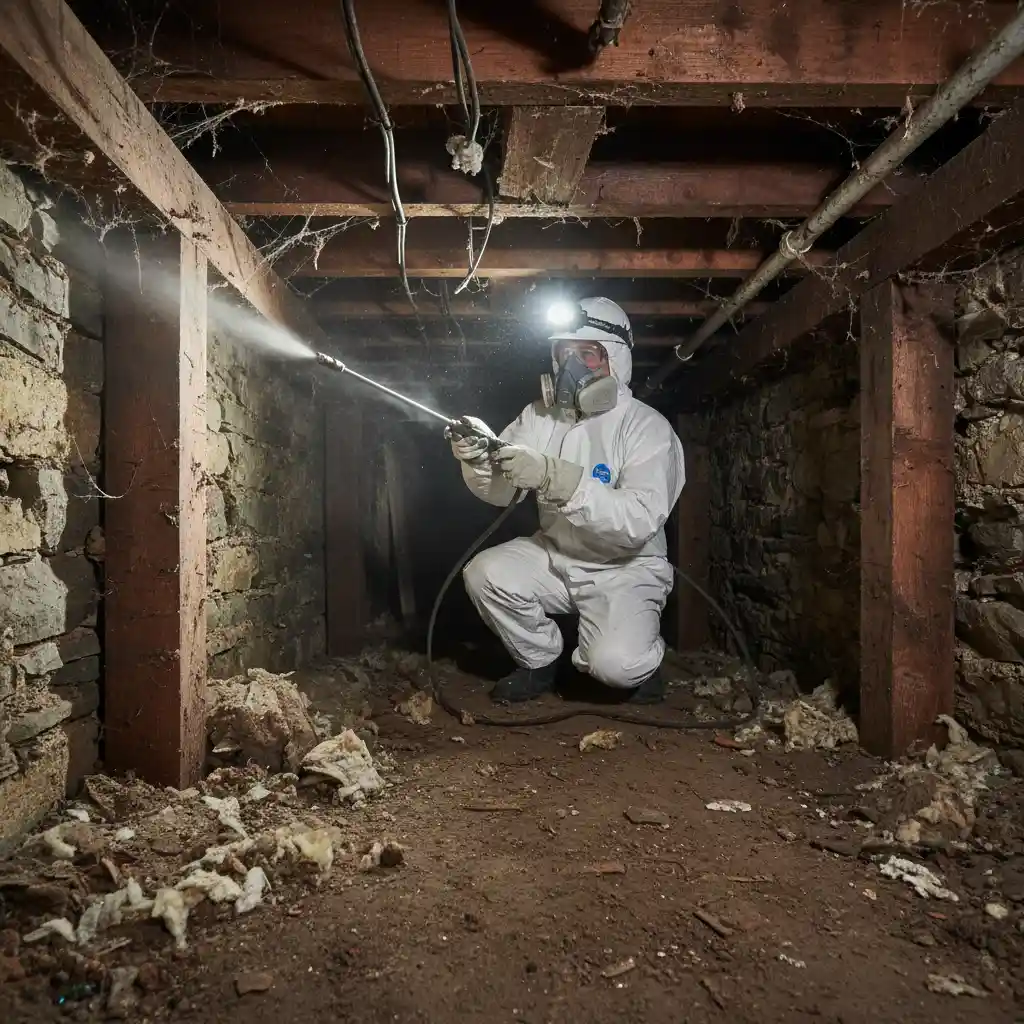 Technician performing borer treatment in a tight sub-floor space