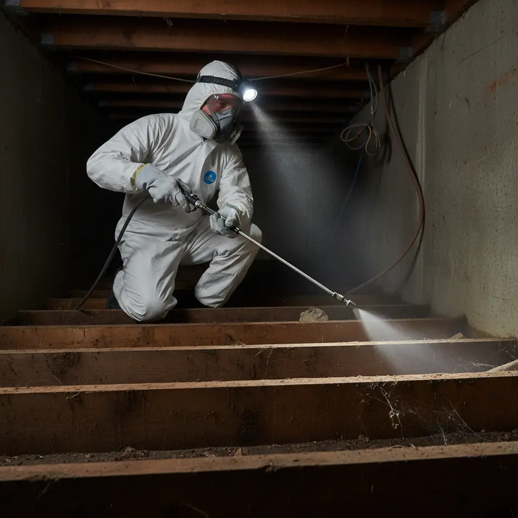 Technician performing subfloor borer treatment