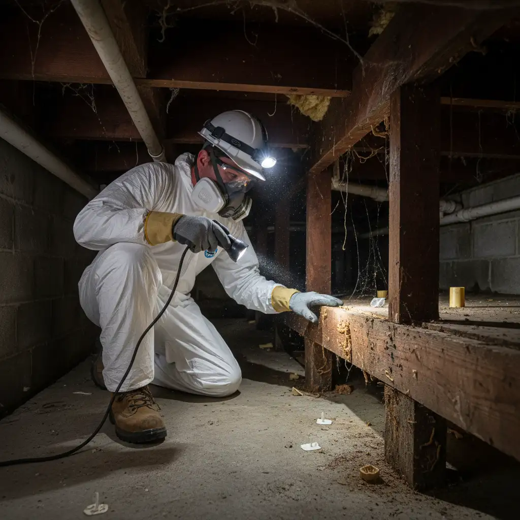 Pest control technician inspecting subfloor for borer