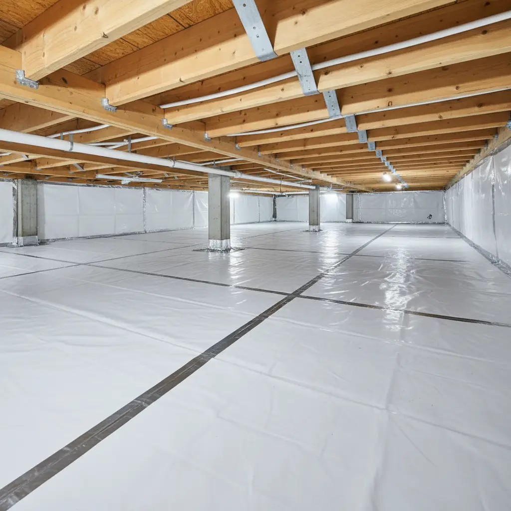 Installed ground moisture barrier in sub-floor