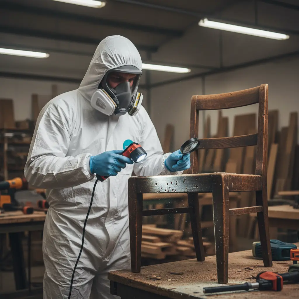 Professional pest control technician inspecting furniture