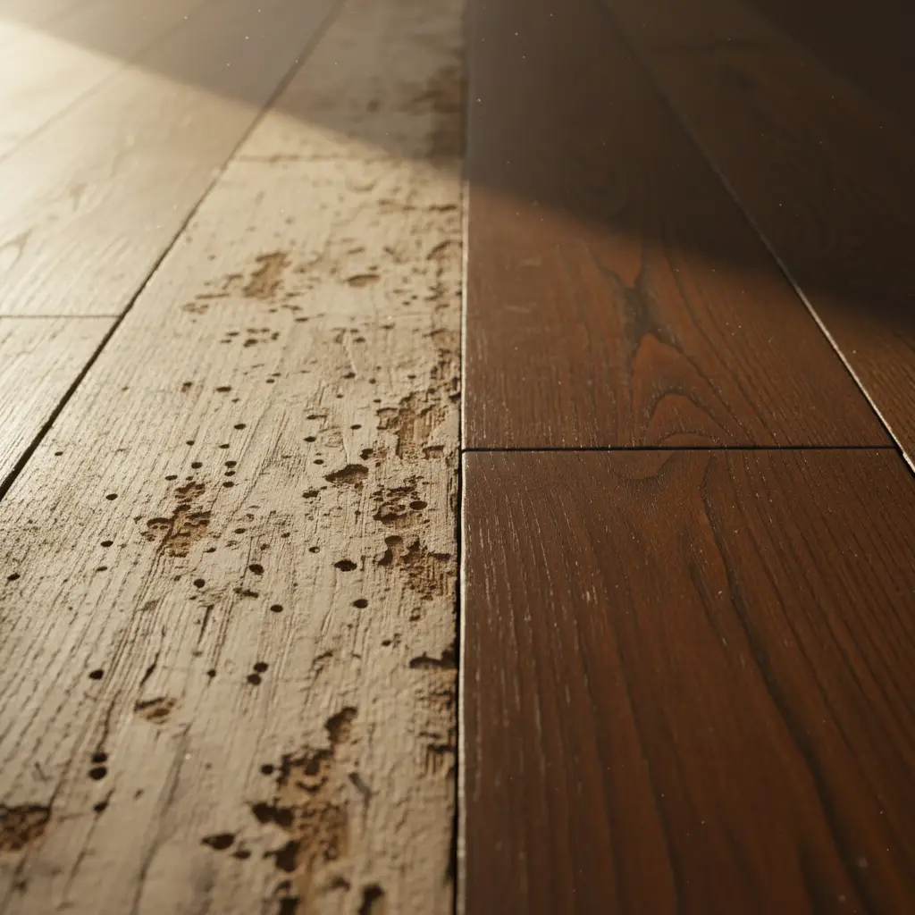Borer damaged timber floorboards