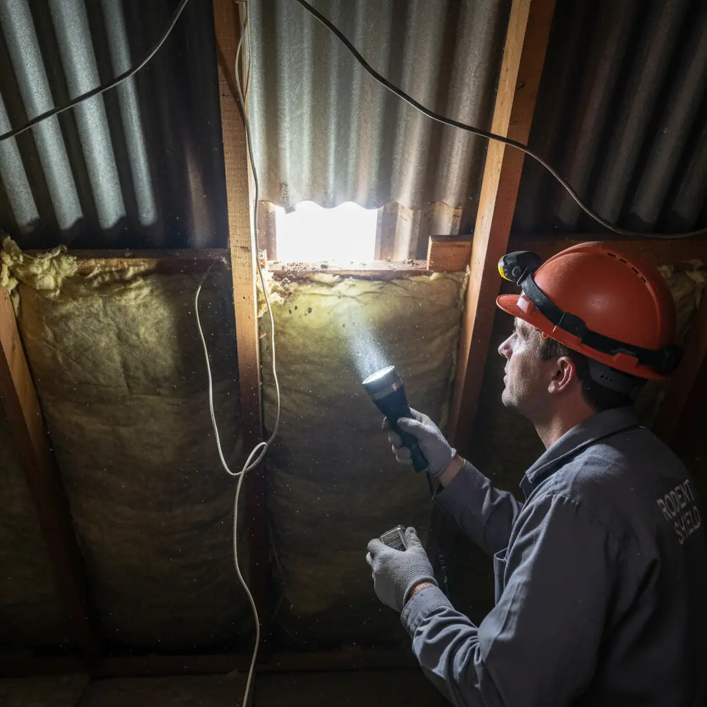 Technician identifying rodent entry points in roof void