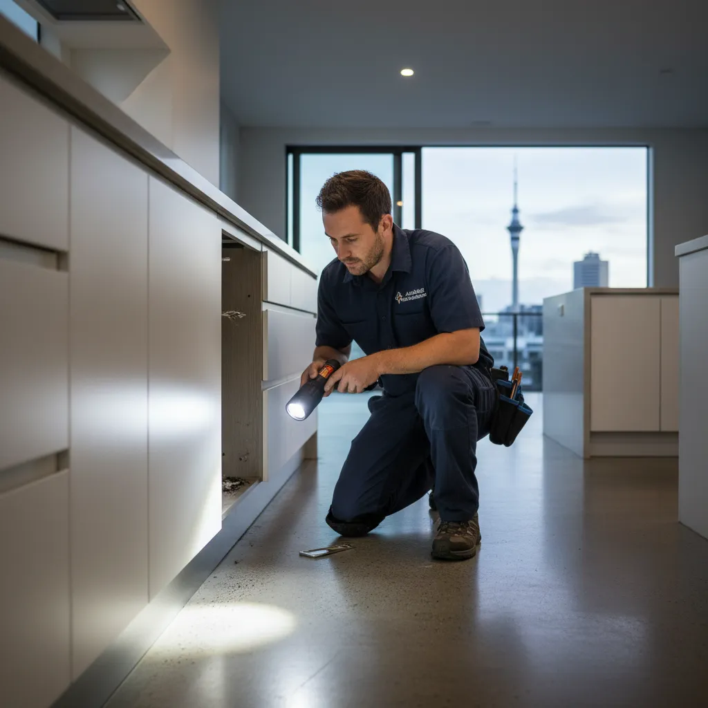Pest control technician inspecting kitchen for mice