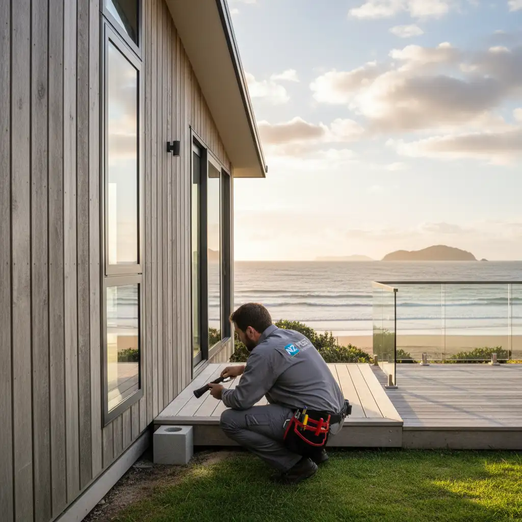 Pest control technician inspecting a coastal home on the Hibiscus Coast