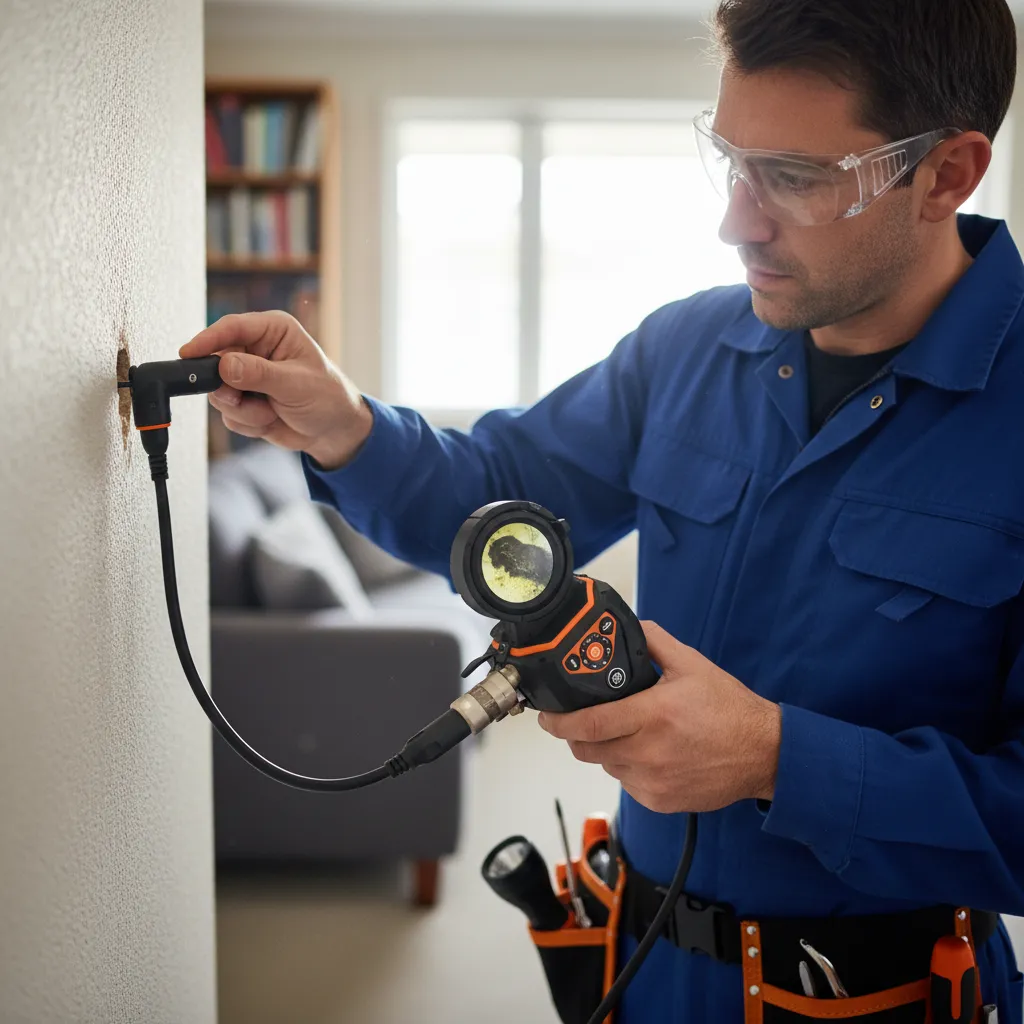 Pest control technician inspecting a wall with a boroscope