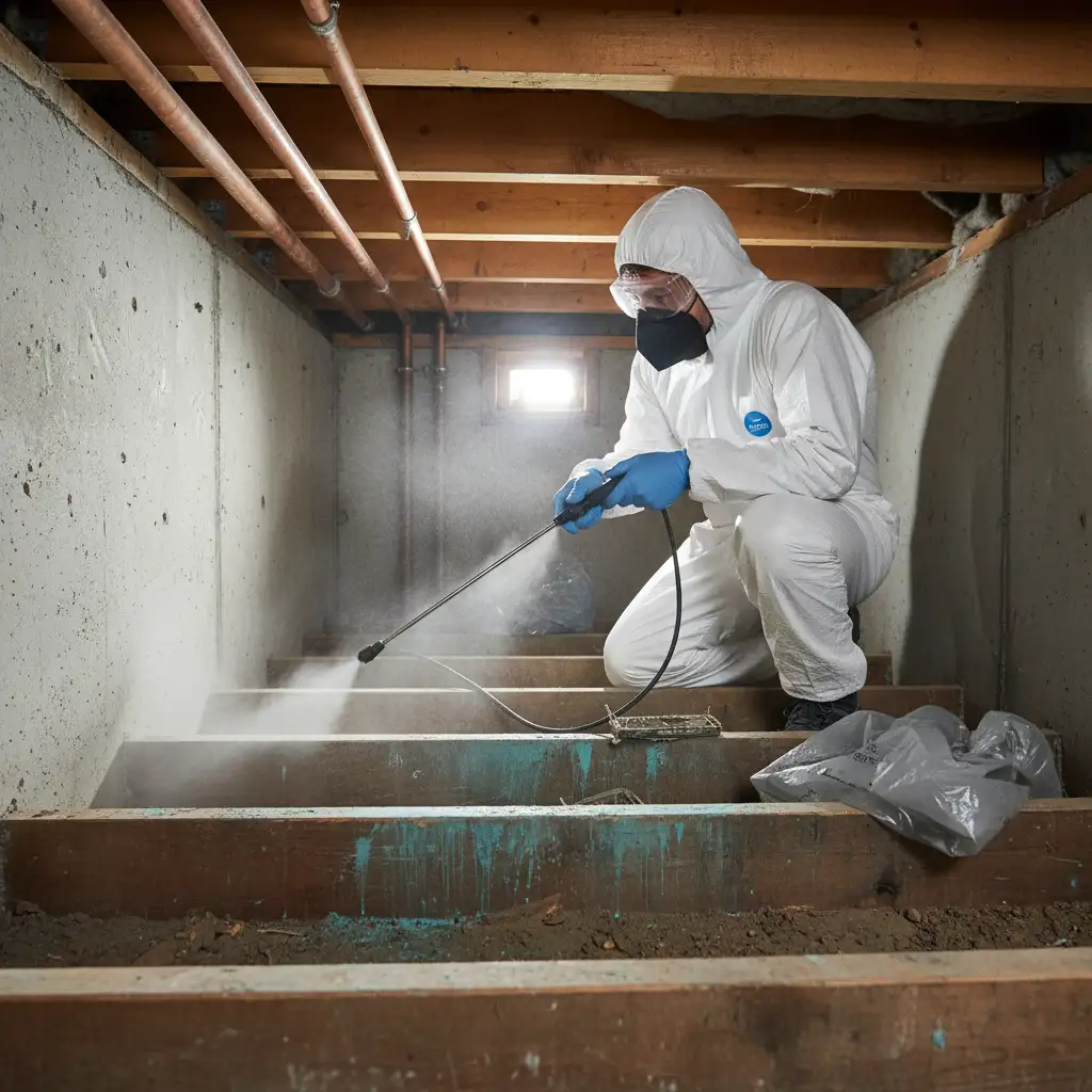 Technician disinfecting an area after rat removal