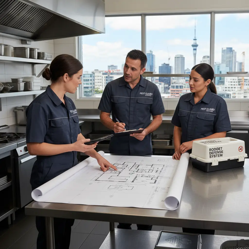 Auckland pest control team consulting with business owner