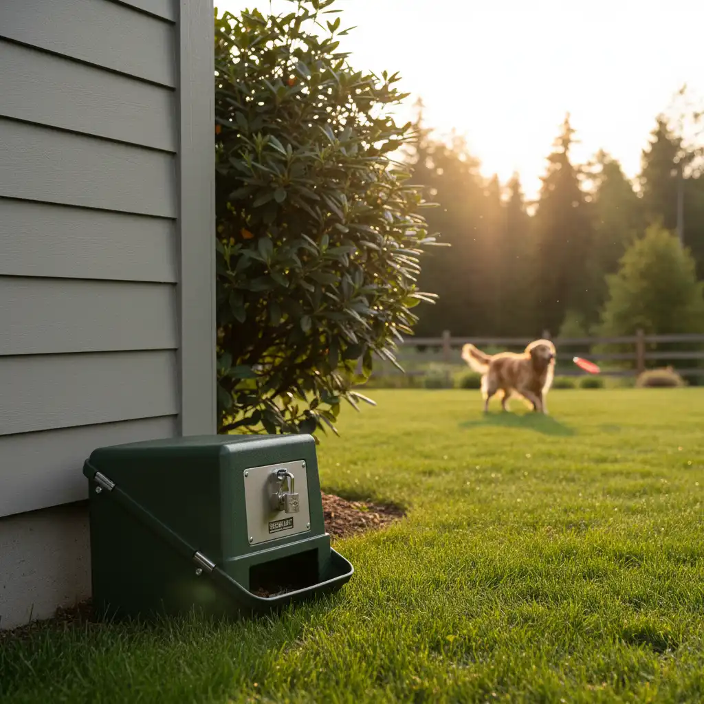 Secure, lockable bait station placed out of reach of pets