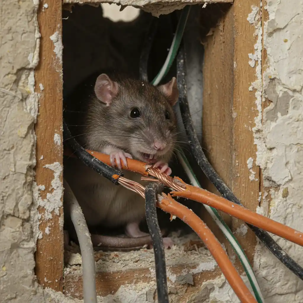 Rat chewing through electrical wires in a wall
