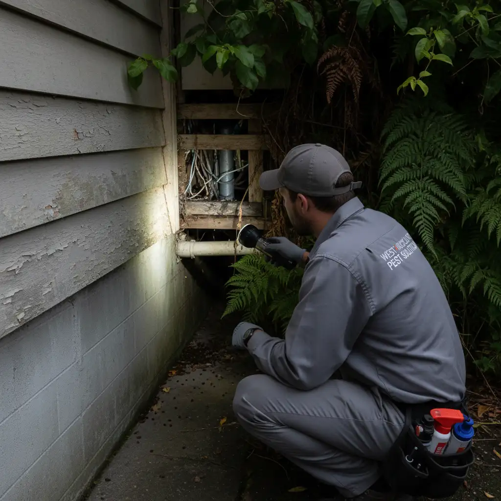 Pest control technician inspecting a home in West Auckland