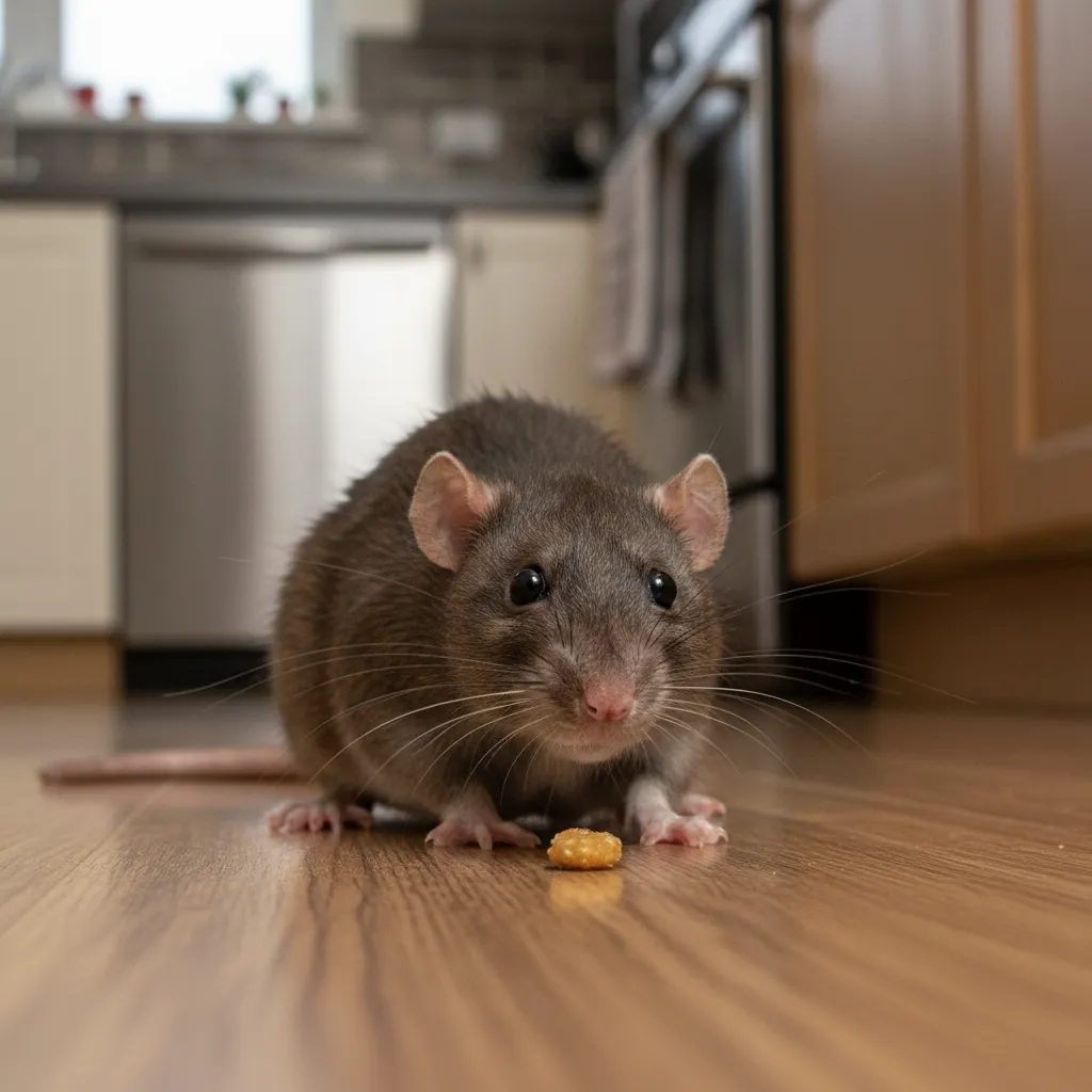 Common brown rat scavenging in a kitchen