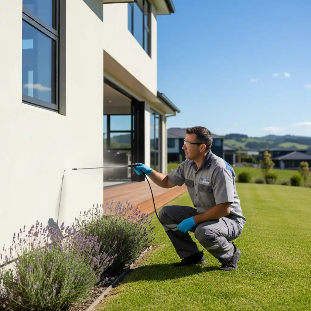 Pest control technician applying targeted treatment to a home exterior
