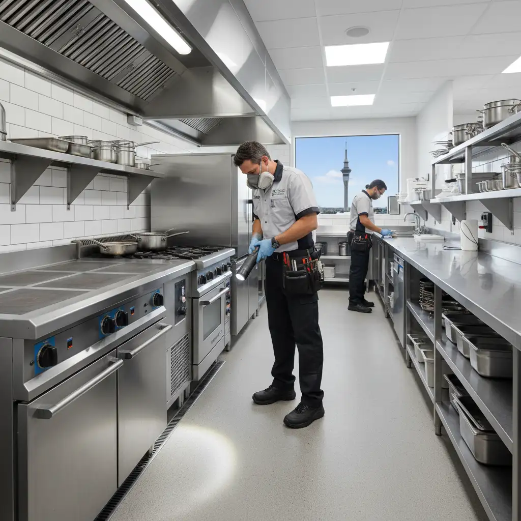 Pest control technician inspecting a commercial kitchen in Auckland