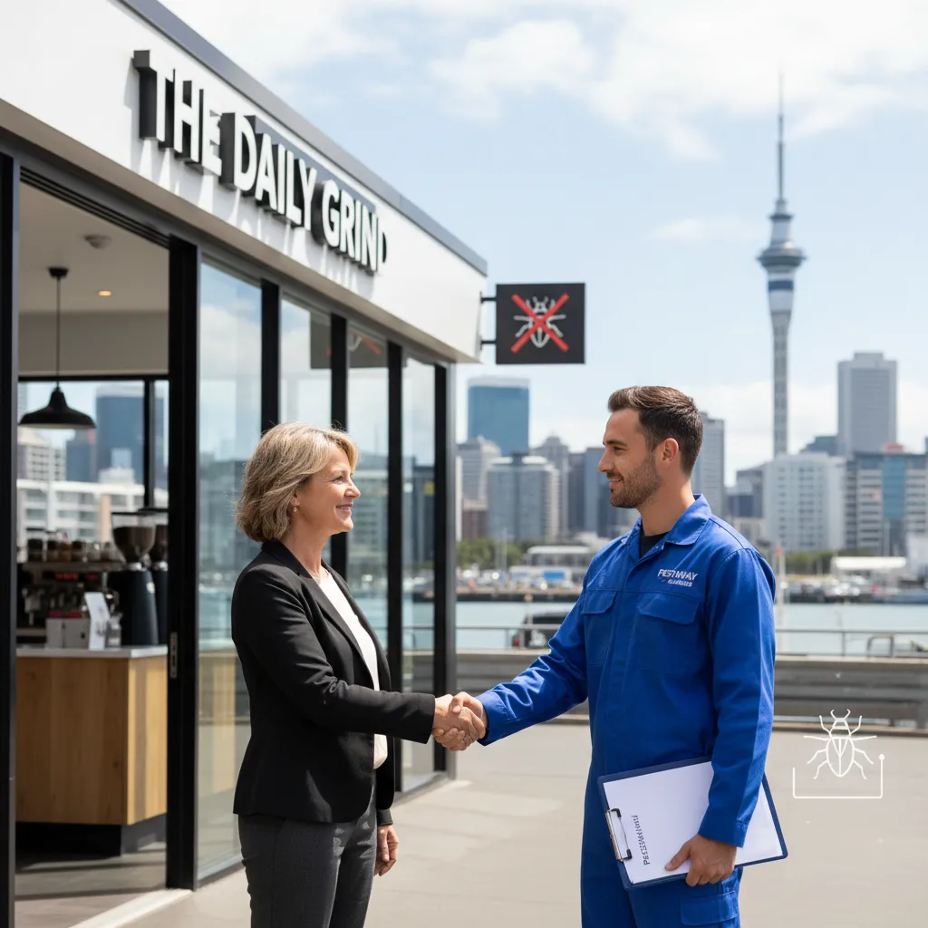Auckland business owner meeting a pest control technician