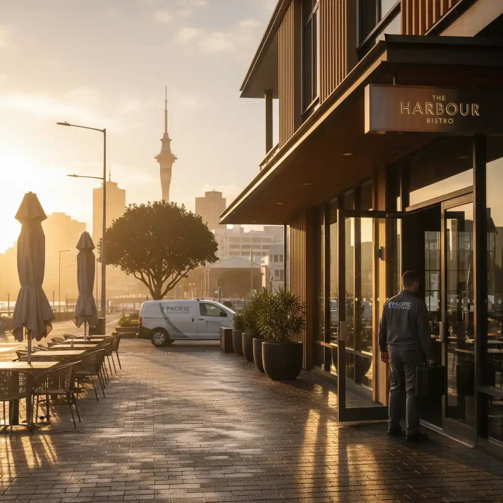 Restaurant exterior with discreet pest control technician