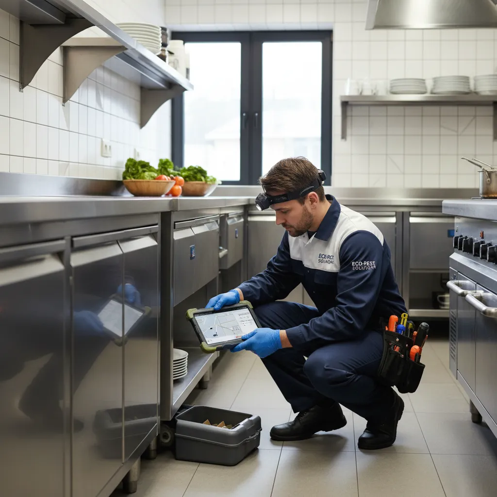 Pest control technician inspecting bait station in clean restaurant kitchen