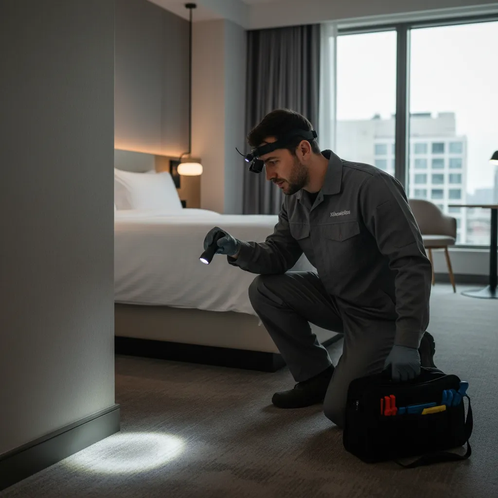 Pest control technician inspecting a hotel room for pests