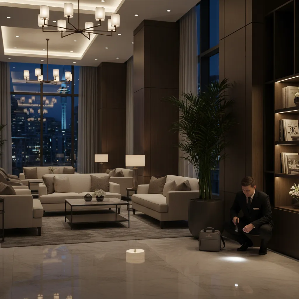 Discreet hotel pest control technician inspecting an Auckland hotel lobby at night