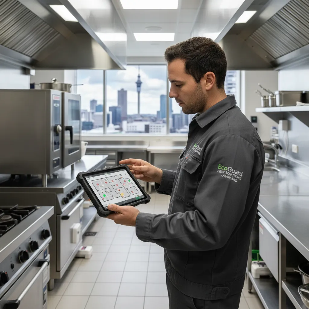 Professional pest technician conducting an inspection in a modern Auckland hotel kitchen