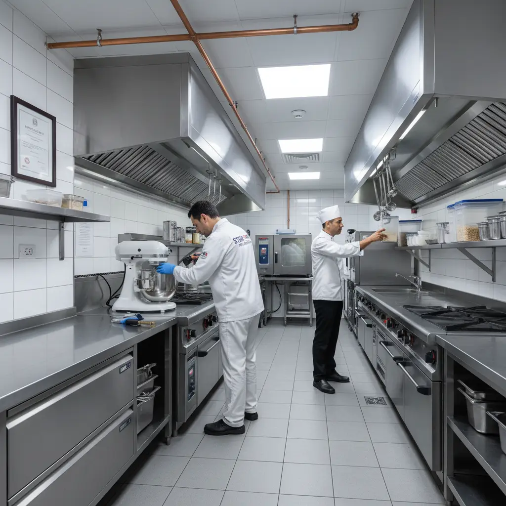 Pest control inspection in a modern hotel kitchen