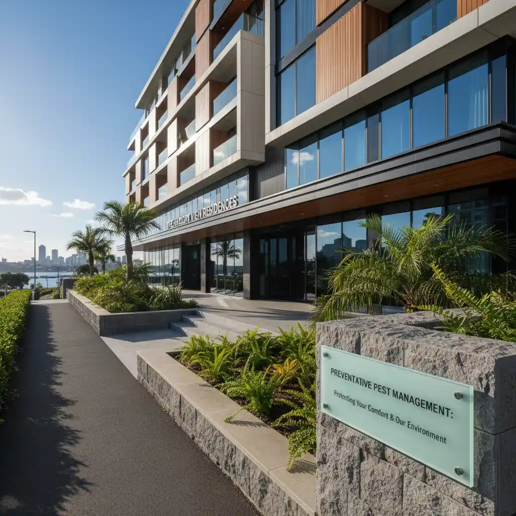 Modern Auckland hotel exterior with subtle pest control measures
