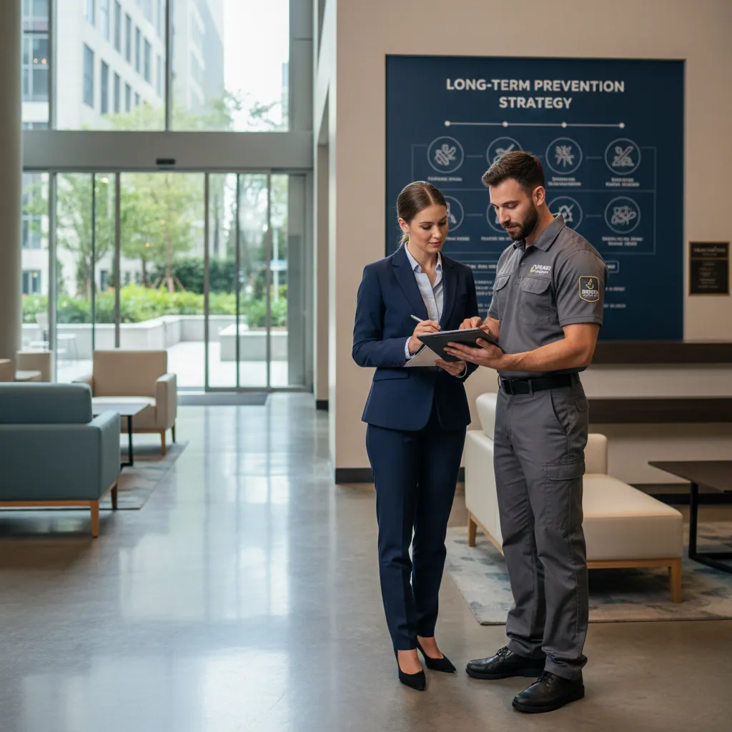 Hotel manager discussing pest prevention plan with technician