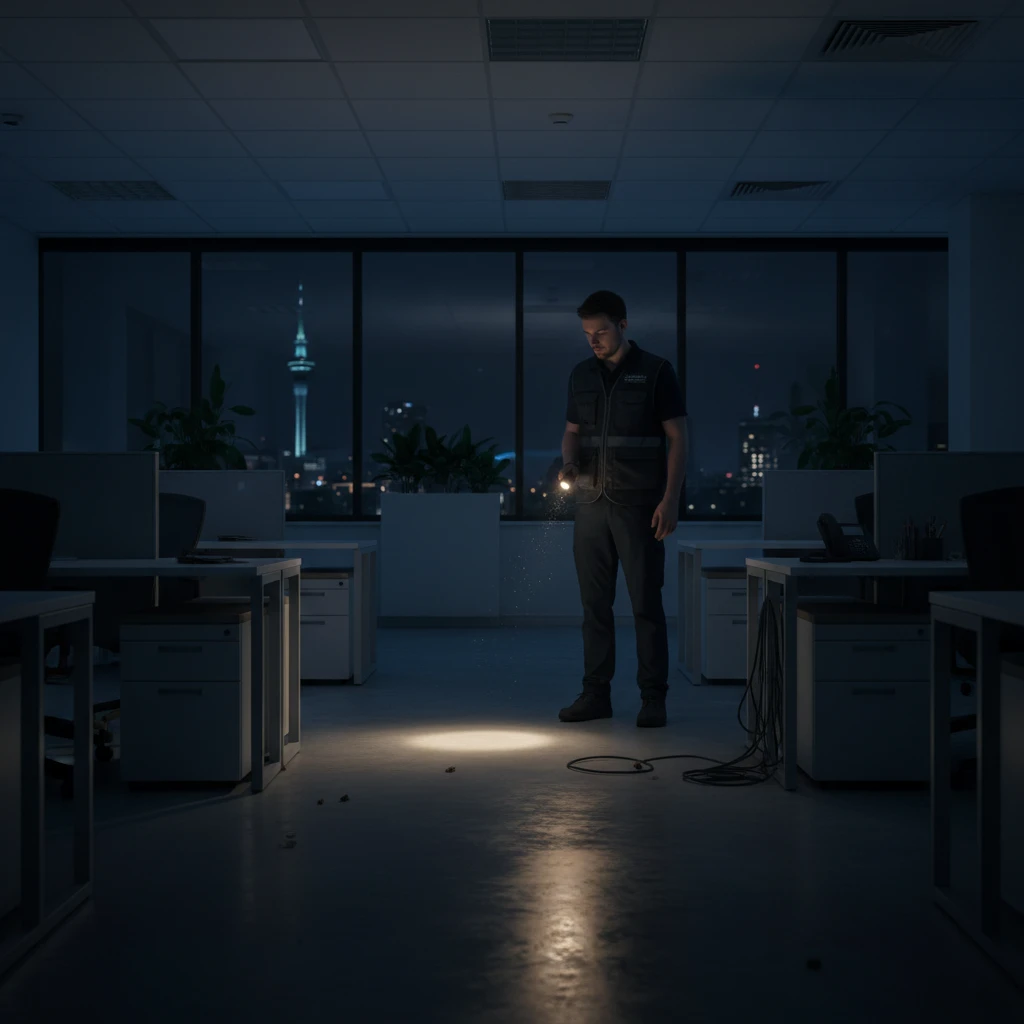 Auckland pest control technician working discreetly in an office