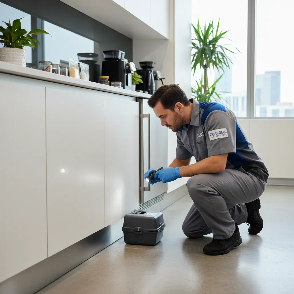 Pest control technician inspecting trap in office