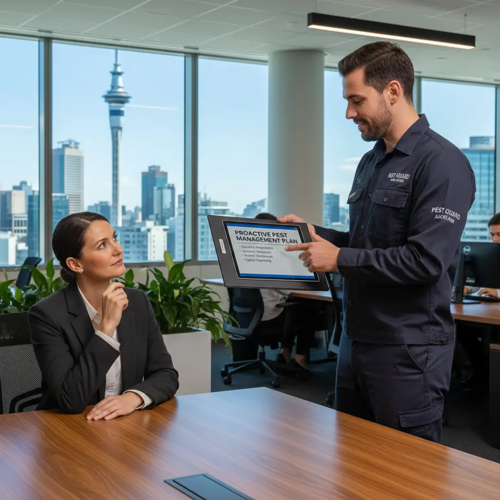 Pest control expert discussing a maintenance plan with an office manager