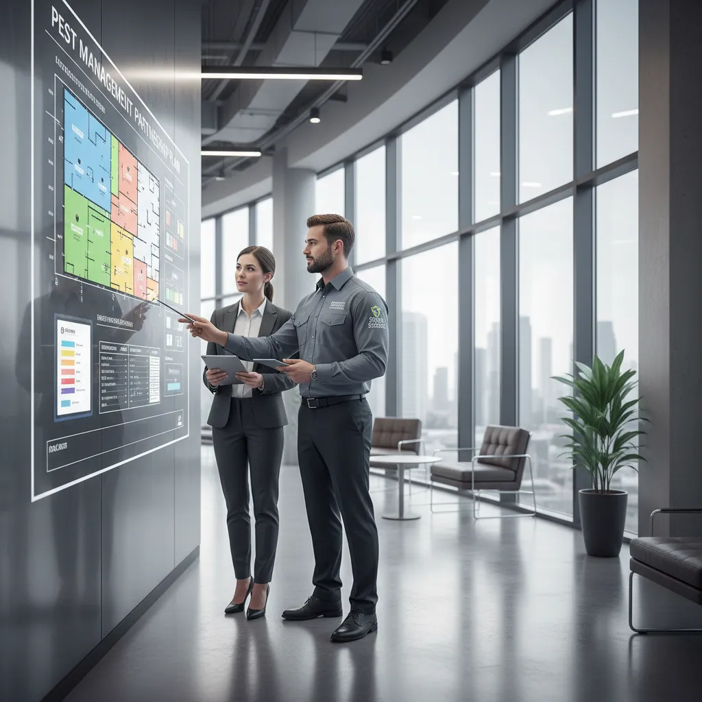 Pest control expert discussing plan with manager