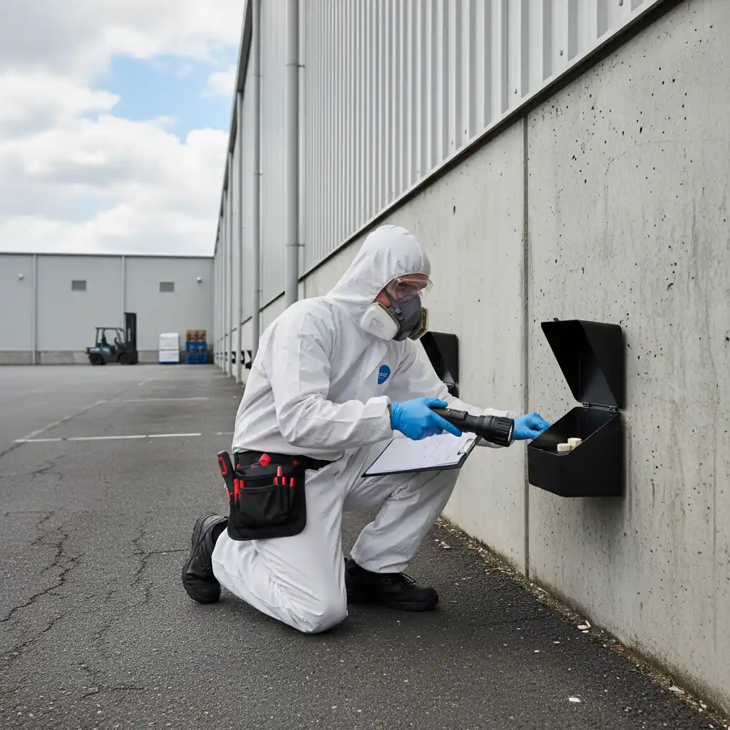 Pest control technician inspecting warehouse perimeter in Auckland