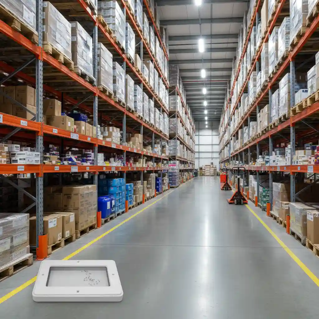 Clean warehouse interior with pest monitoring device