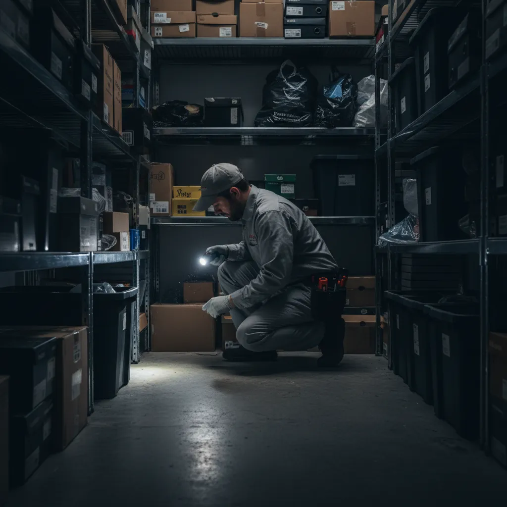 Pest control technician discreetly inspecting a retail storage area