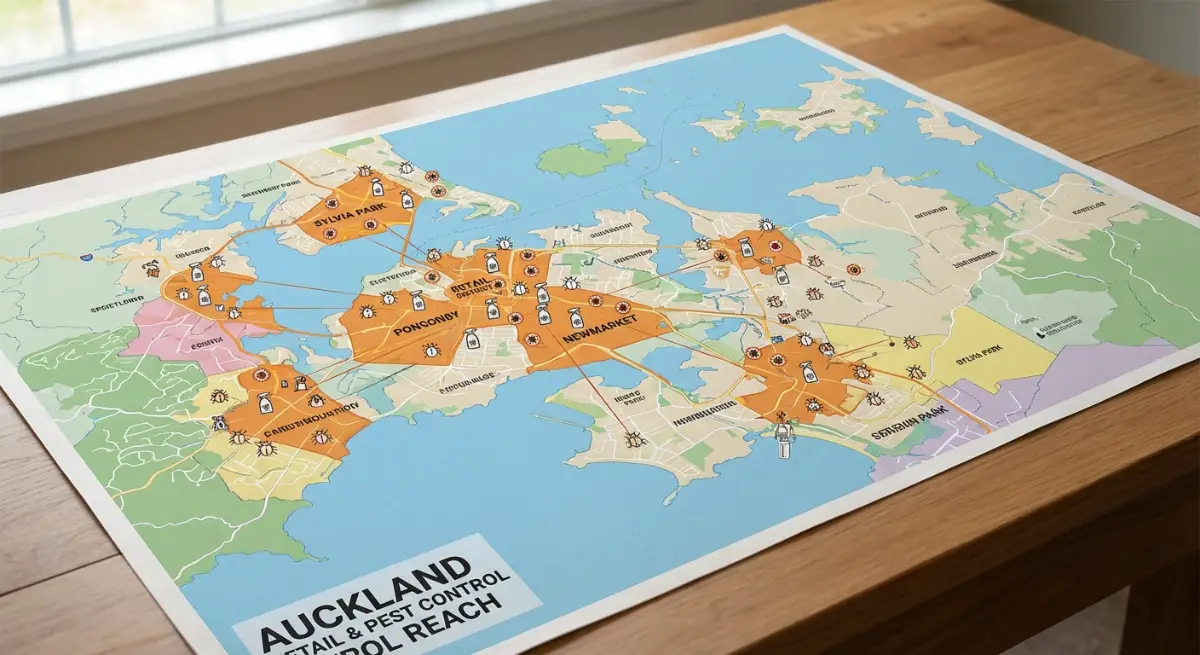 Map of Auckland showing localised pest control service areas for retail