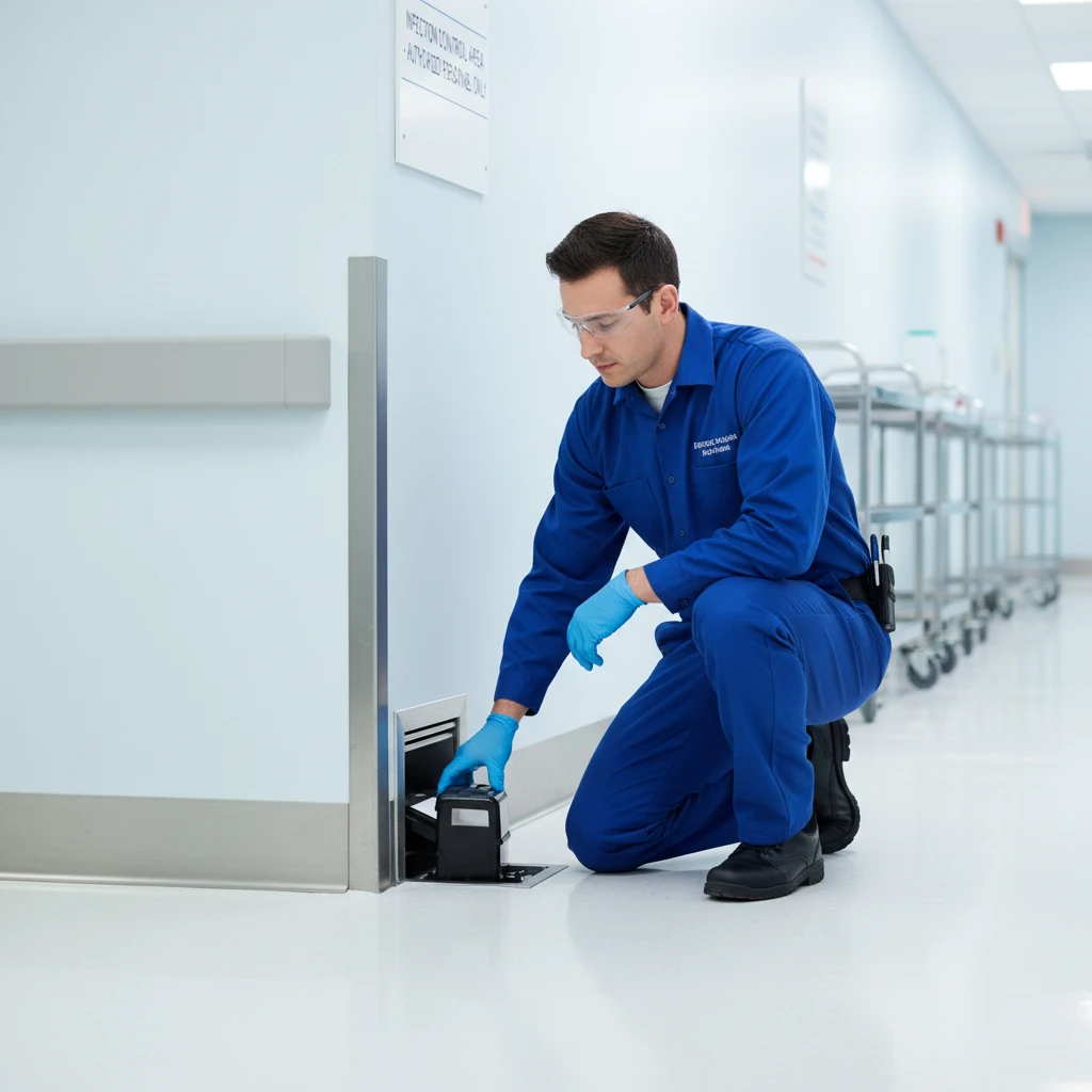 Technician placing a non-toxic pest bait station in a healthcare facility