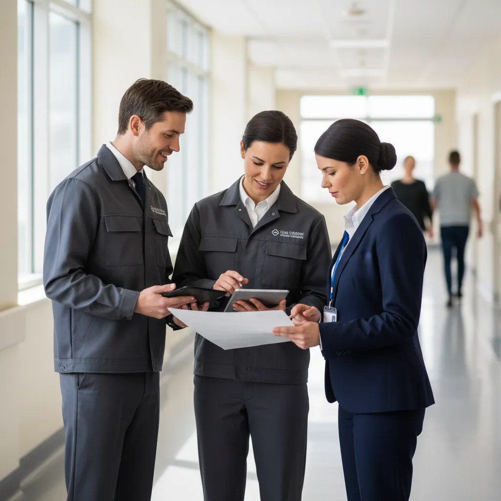Pest control technicians consulting with a healthcare facility manager