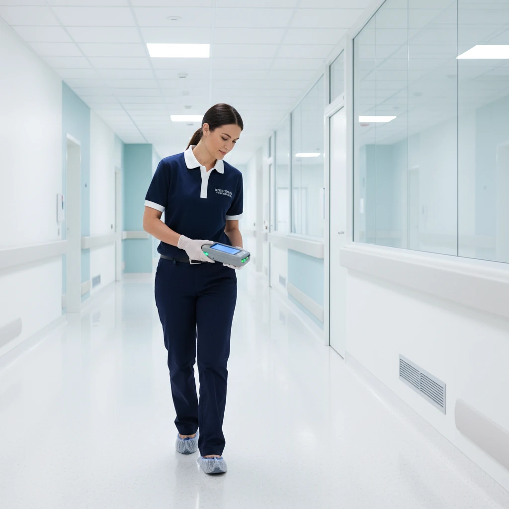 Pest control technician discreetly inspecting a hospital corridor with safe methods