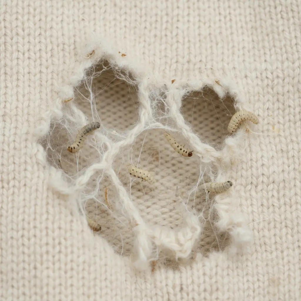 Close-up of clothes moth larvae and damage on a wool jumper