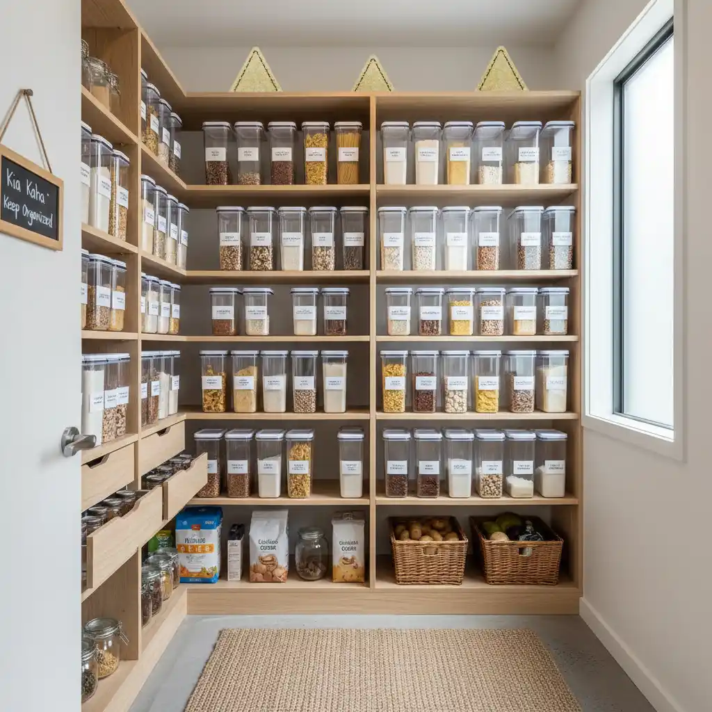 Well-organised pantry with airtight containers and moth traps