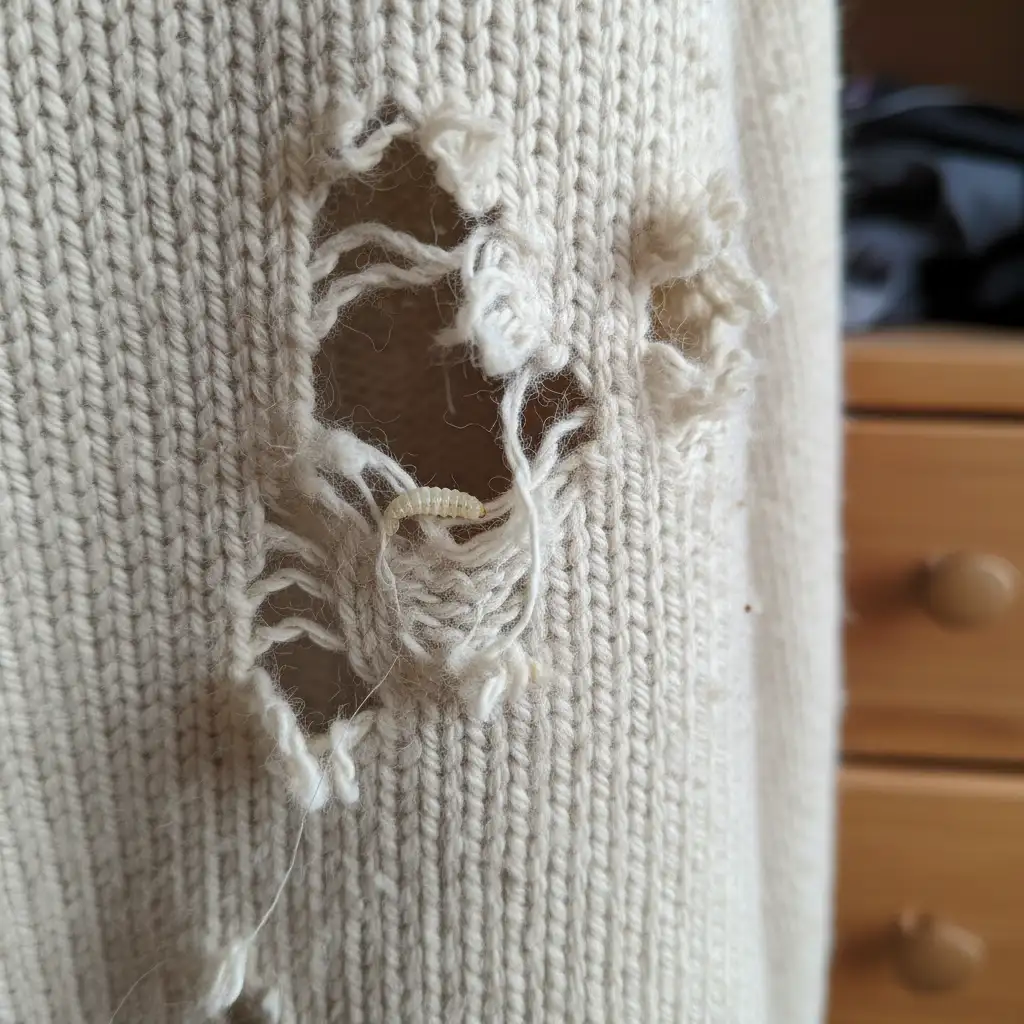 Close-up of moth-damaged fabric with larva