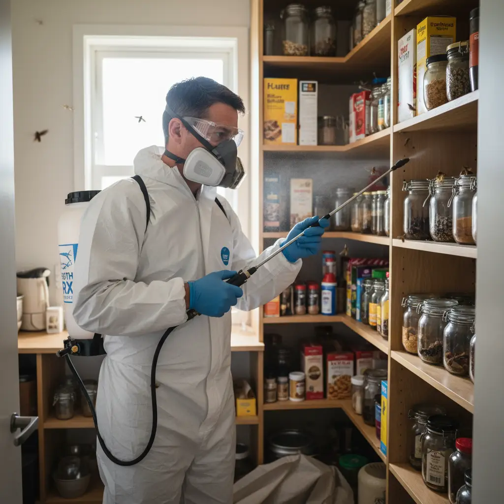 Pest control technician treating a pantry for moths