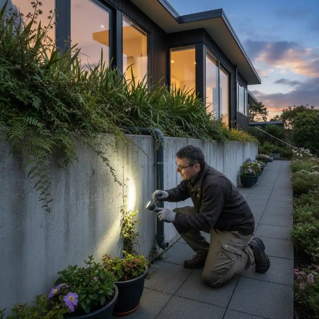 Homeowner inspecting foundation for pest entry points