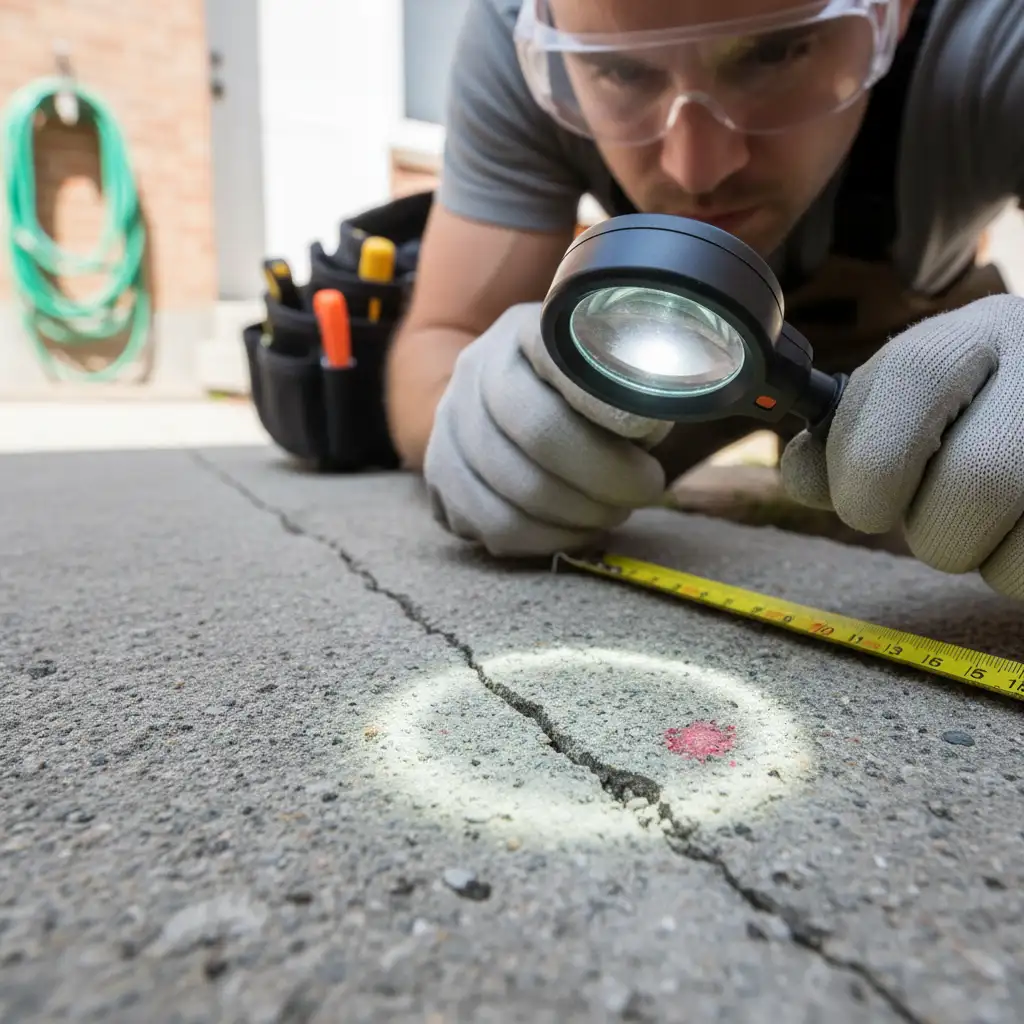 Pest control technician inspecting a home's foundation for tiny cracks and entry points.