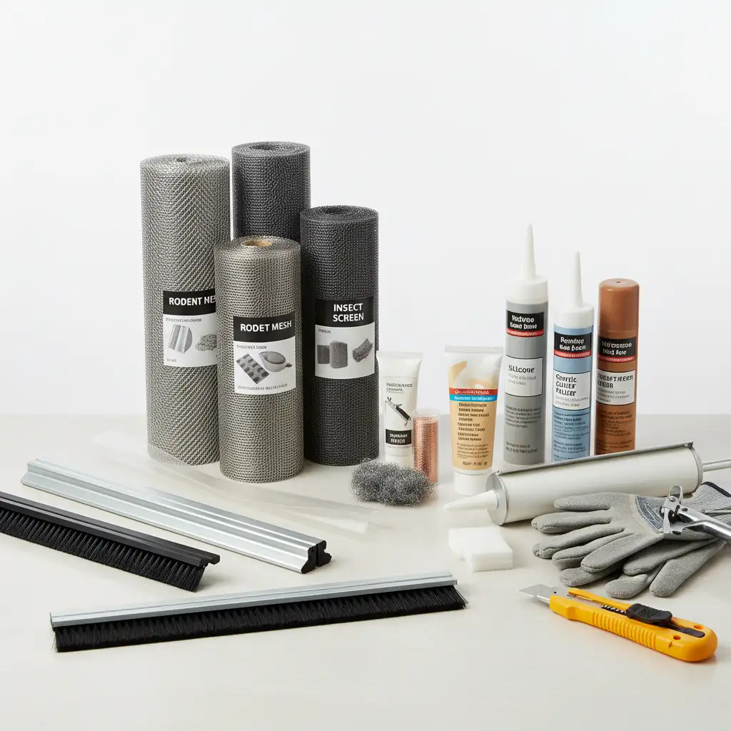An assortment of pest exclusion materials including door sweeps, fine mesh, and tubes of sealant.