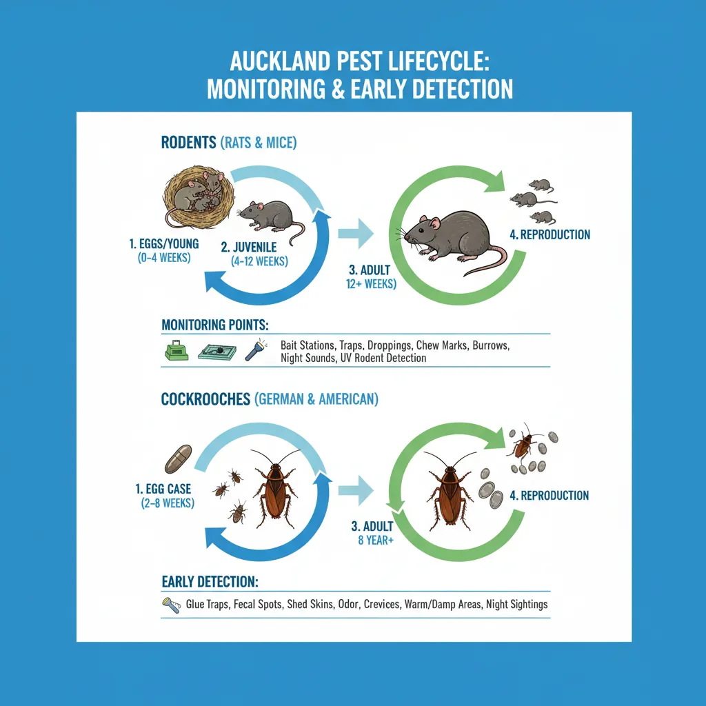 Infographic on pest lifecycles and early detection points in Auckland