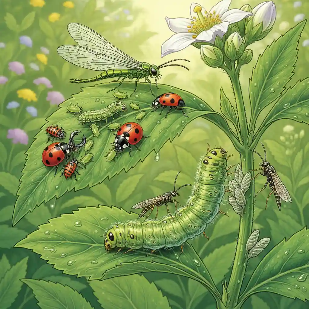 Beneficial insects preying on garden pests in a healthy ecosystem
