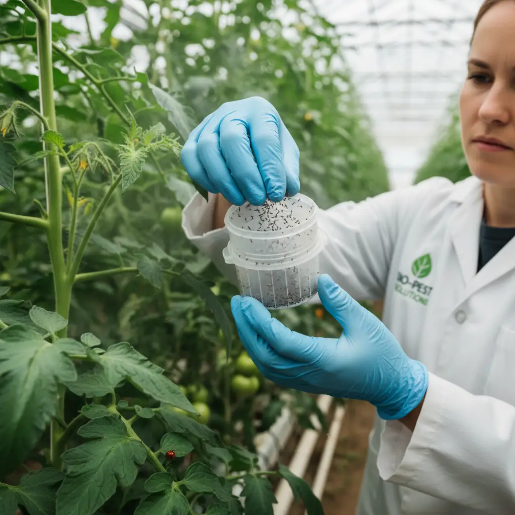 Professional releasing beneficial insects in a greenhouse