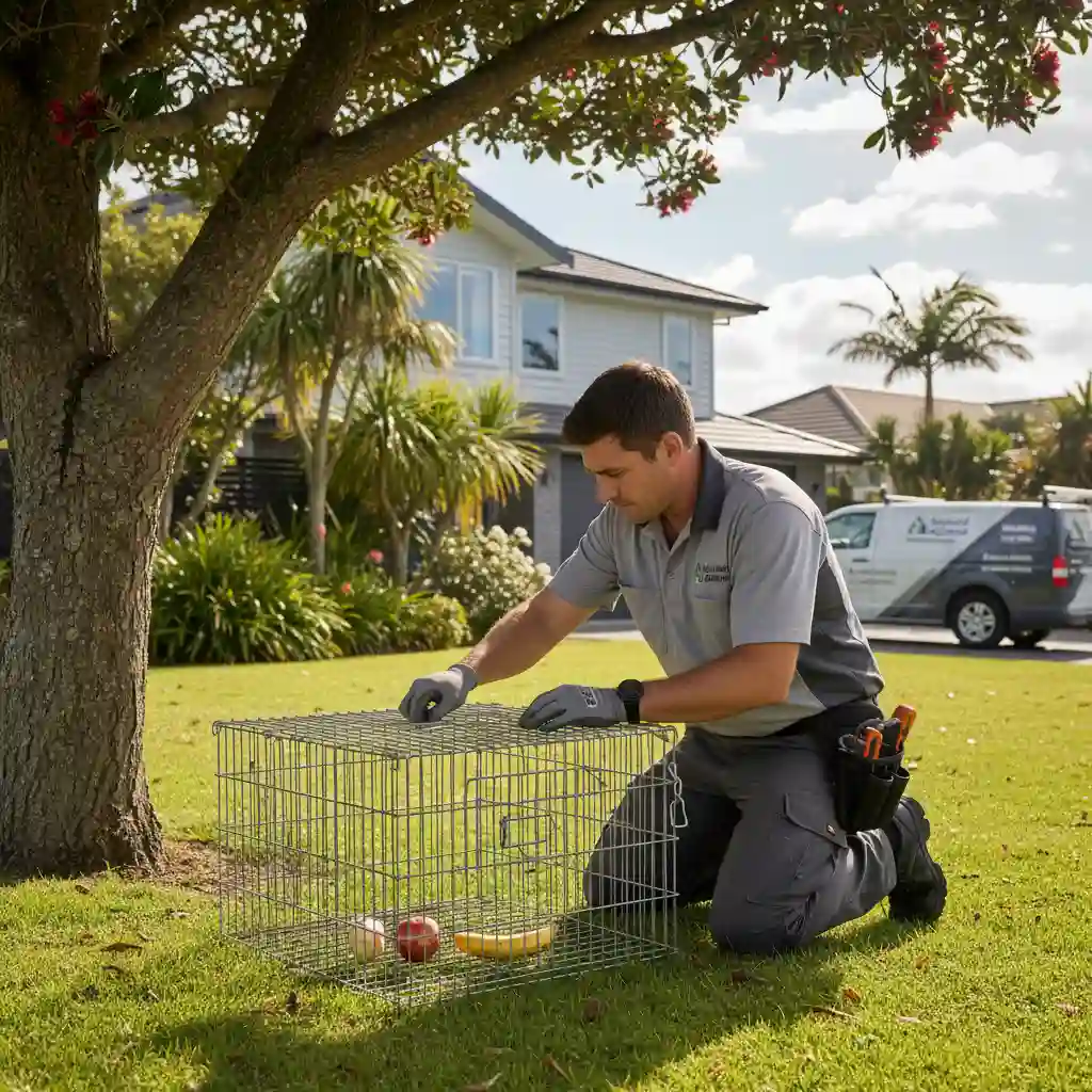 Professional setting humane possum trap in Auckland